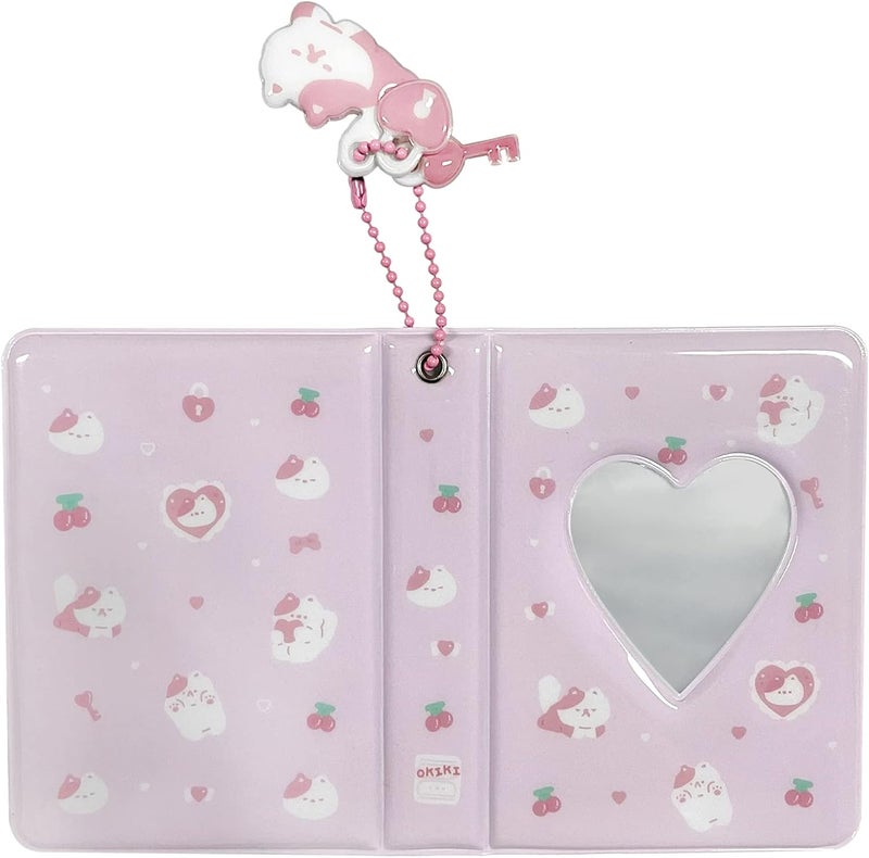 YAHUIPEIUS 3 Inch Mini Photo Album, Heart Hollow Card Binder Photo Card Holder with Pendant 40 Pockets (pink white cat) - Image 3